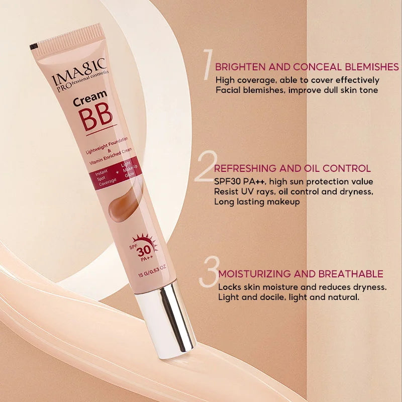 Foundation BB Cream Sunscreen Smooth Coverage SPF30 PA++ Long Lasting Light Makeup Glow