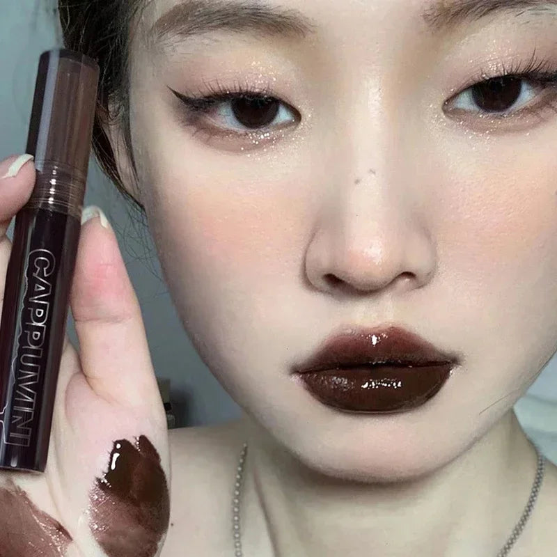 Chocolate Lip Gloss Long Lasting Moisturizes Dark Brown Lip Glaze Transparent Glass Mirror Water Liquid Lipstick Clear Makeup