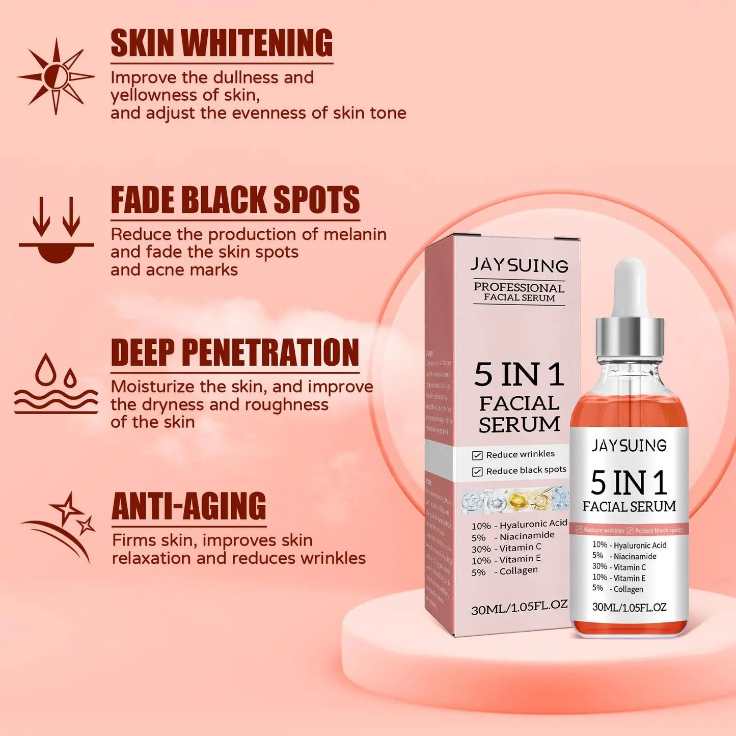 Collagen Wrinkle Remover Face Serum 5 In 1 Lifting Firming Anti-Aging Fade Fine Line Hyaluronic Acid Moisturizer Repair Skincare