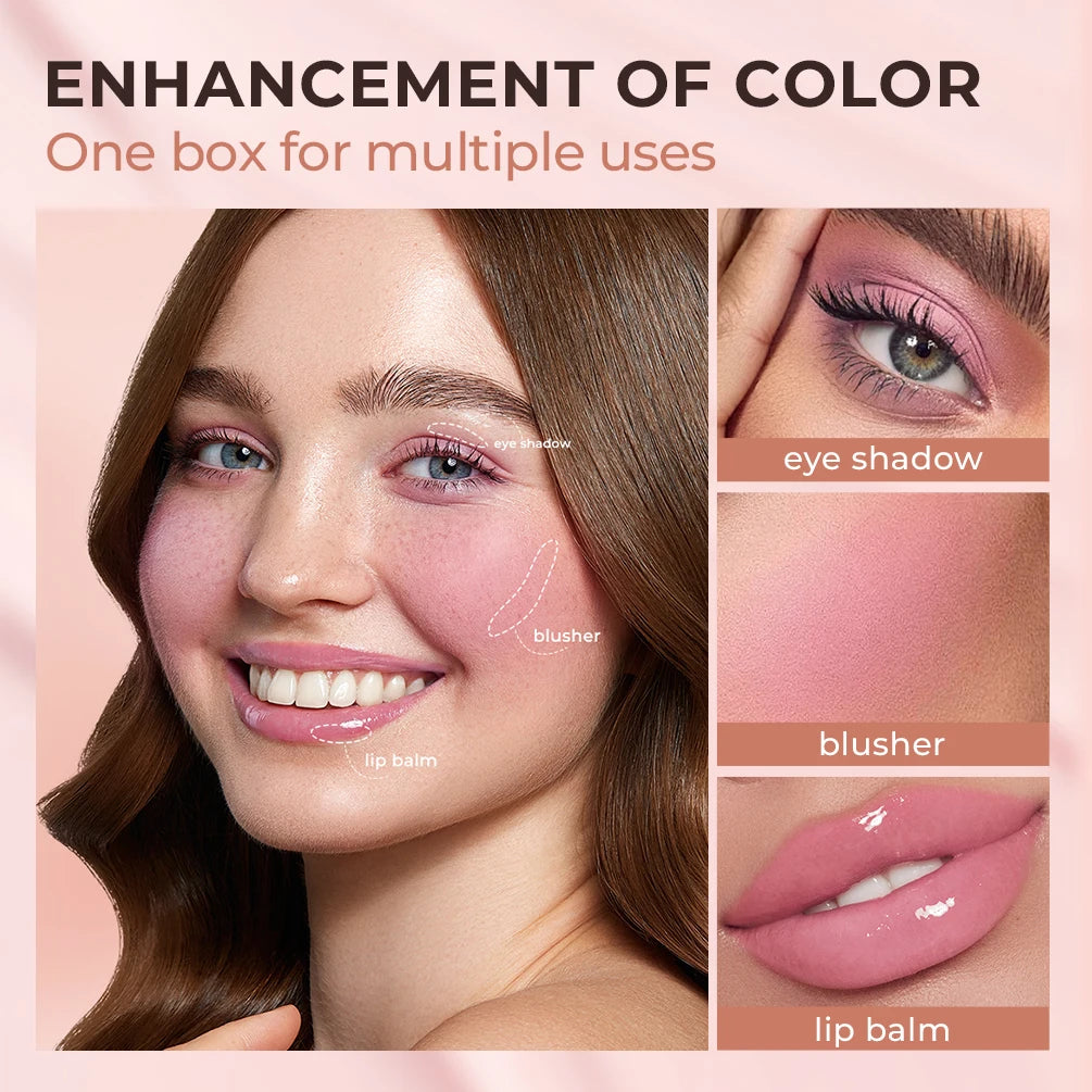 QIBEST 3-In-1 Color Changing Lipstick Blush Waterproof Face Blusher Matte Natural Cheek Tint Lip Stain Blush Eyeshadow Cosmetics