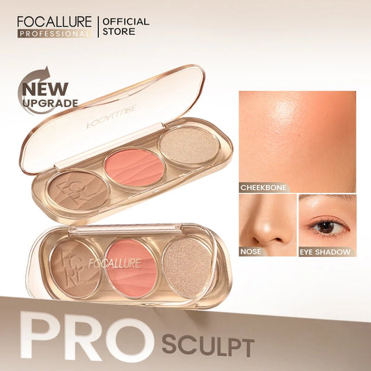 FOCALLURE 3in1 Pearlescent Highlighter Contour Blush Palette Multi-Use 3D Matte Face Contour Blusher Makeup