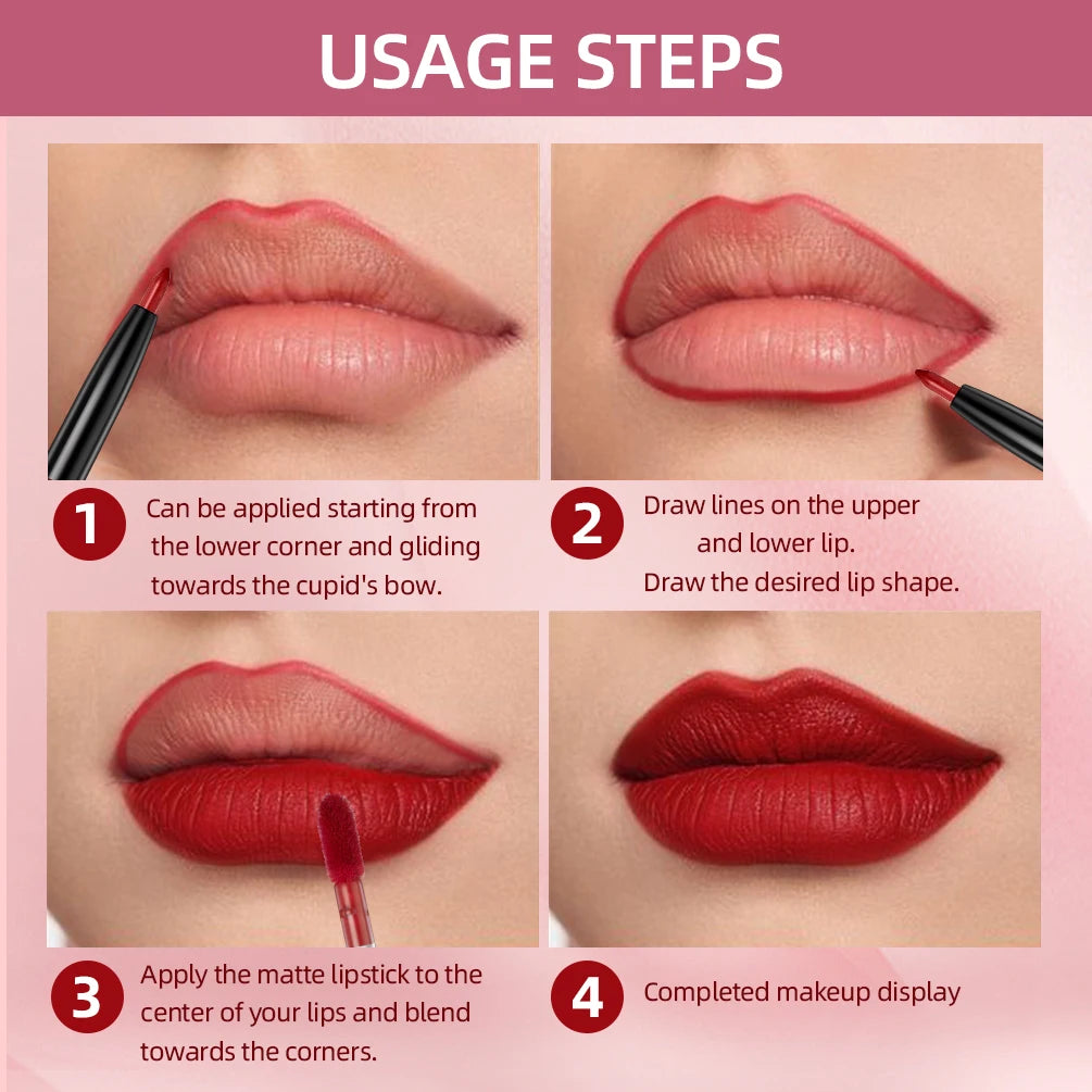 QIBEST 2 IN 1 Lip Liner Waterproof  Matte Velvet Lipstick Lipliner Pen Long Lasting Nude Lipstick Lipliner Pencil Contour Makeup