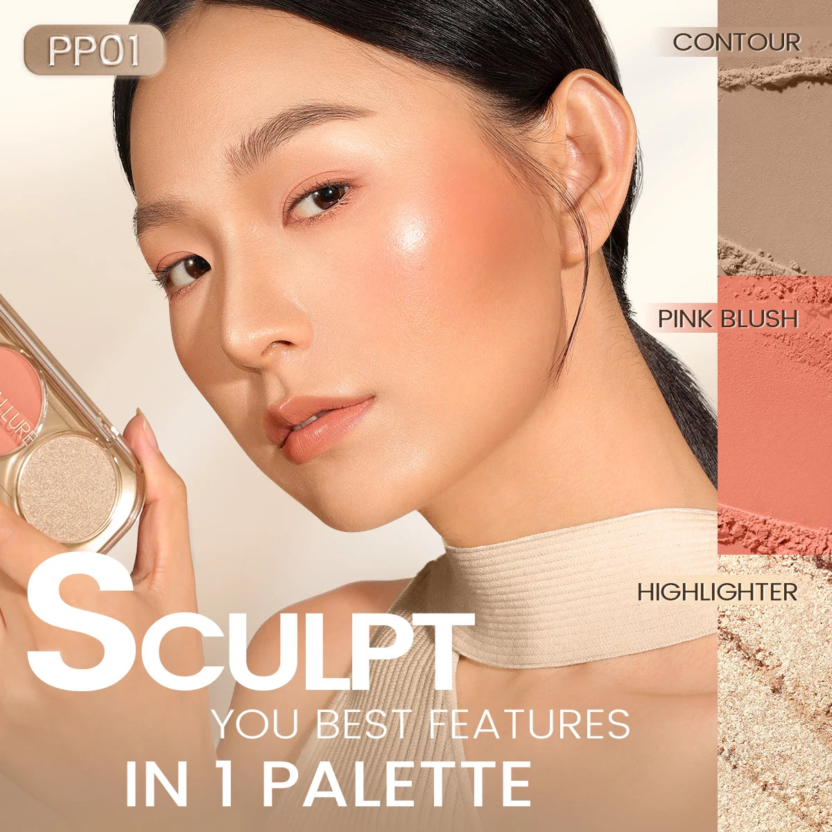 FOCALLURE 3in1 Pearlescent Highlighter Contour Blush Palette Multi-Use 3D Matte Face Contour Blusher Makeup