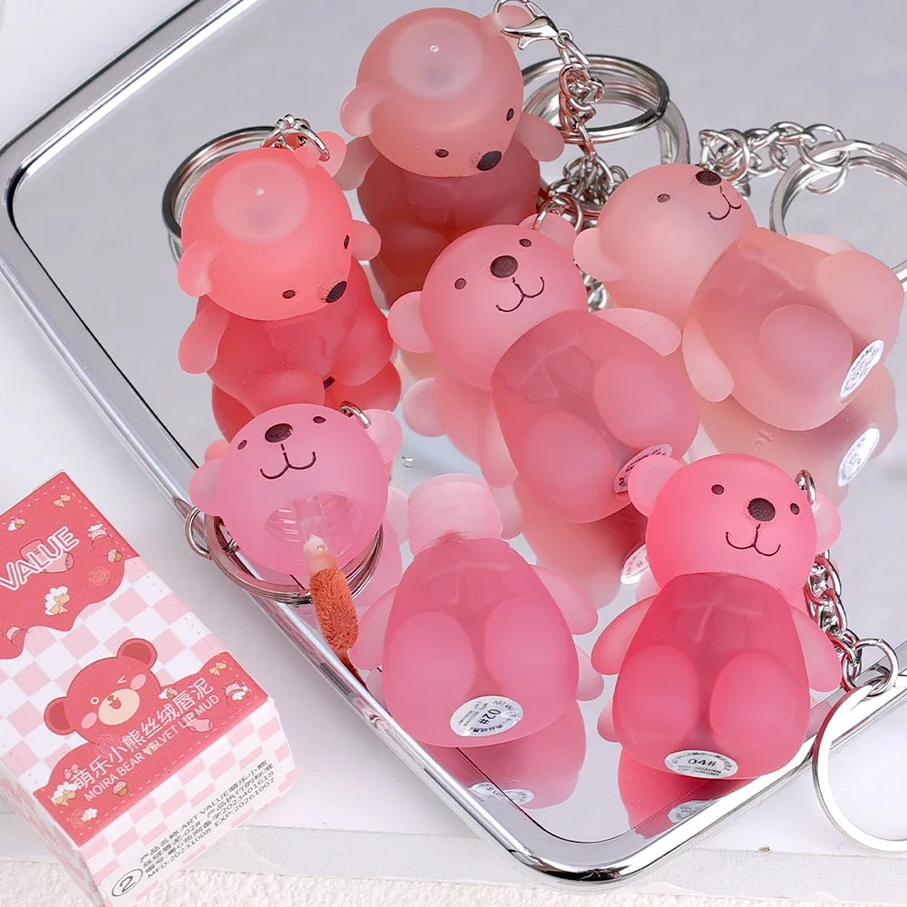 12 Colors Cute Bear Keychain Lip Mud Sexy Red Pink Matte Velvet Liquid Lipstick Waterproof Long Lasting Lips Makeup Cosmetic