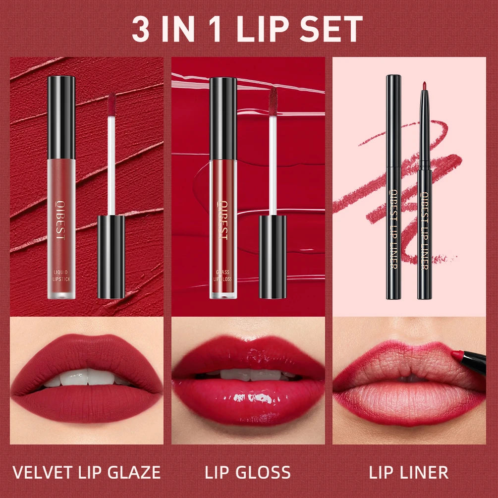 QIBEST 3pcs Liquid Lipstick+Lip Liner Set Makeup Nude Velvet Lip Gloss Long Lasting Non-stick Cup Red Lip Tint Cosmetics Kit