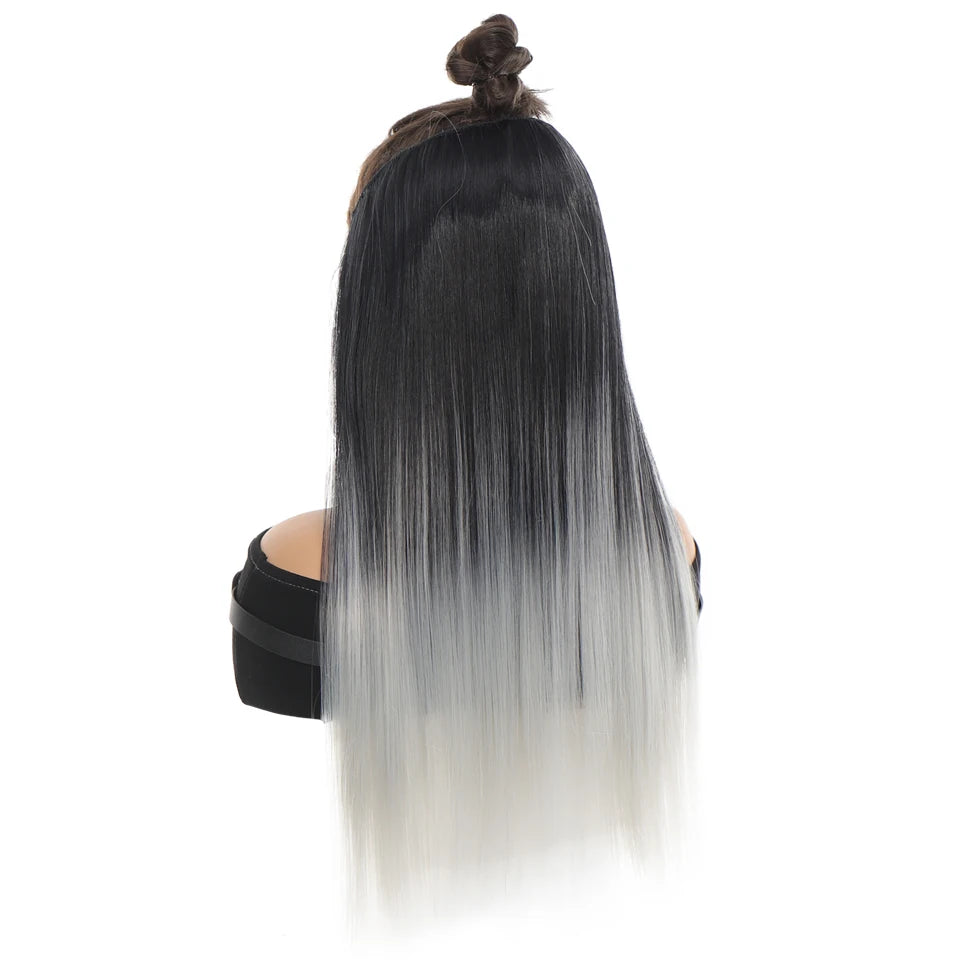 Synthetic non-clip invisible steel wire hair extension straight hair black gradient gray integrated fake wig hair extension