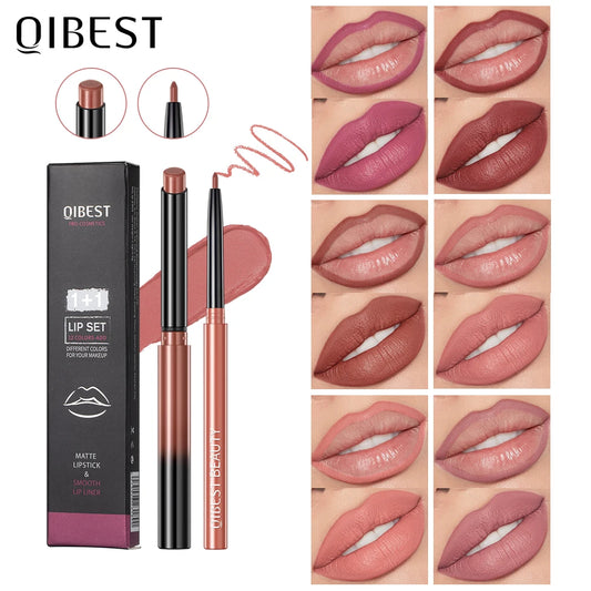 QIBEST 2pcs Lipstick Lipliner Pen Set Matte Velvet Lip Liner Pencil Contour Makeup Sexy Red Lip Stick Long Lasting Cosmetics