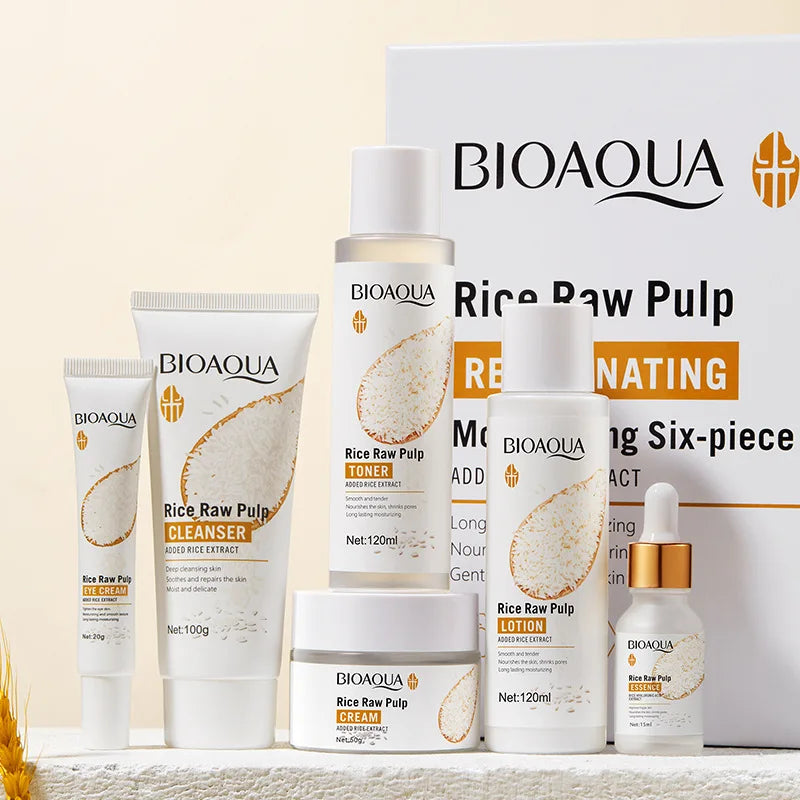 6pcs/set BIOAQUA Rice Raw Pulp Skin Care Sets Face Cream Serum Firming Moisturizing Facial Cleanser Toner Korean Face Care