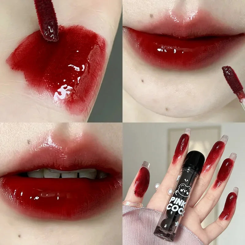 Dark Red Brown Mirror Juice Lip Gloss Non-stick Cup Waterproof Moisturizing Lasting Highly Pigmented Red Liquid Lipstick Makeup