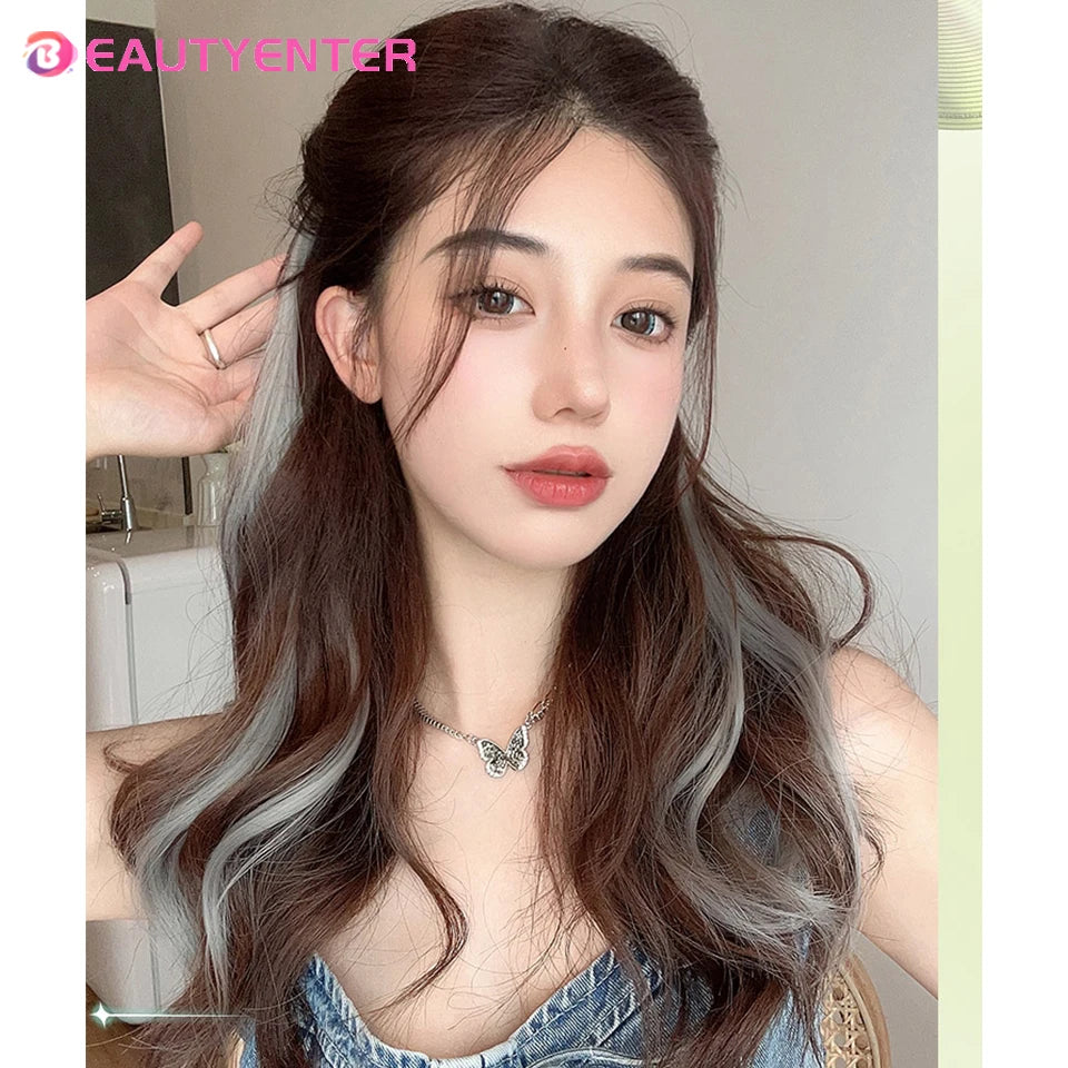 One-piece color highlights of curly hair hanging ear hair wig piece female long hair simulation invisible hair extension