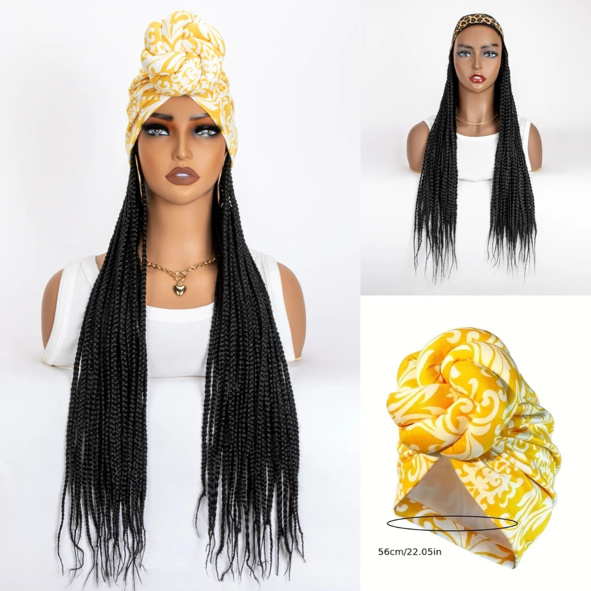 Long Black  Synthetic Box Braided With Elastic Bands Headband Wig  And Headband Split Set Turban Braiding Hair Extensions Wigs