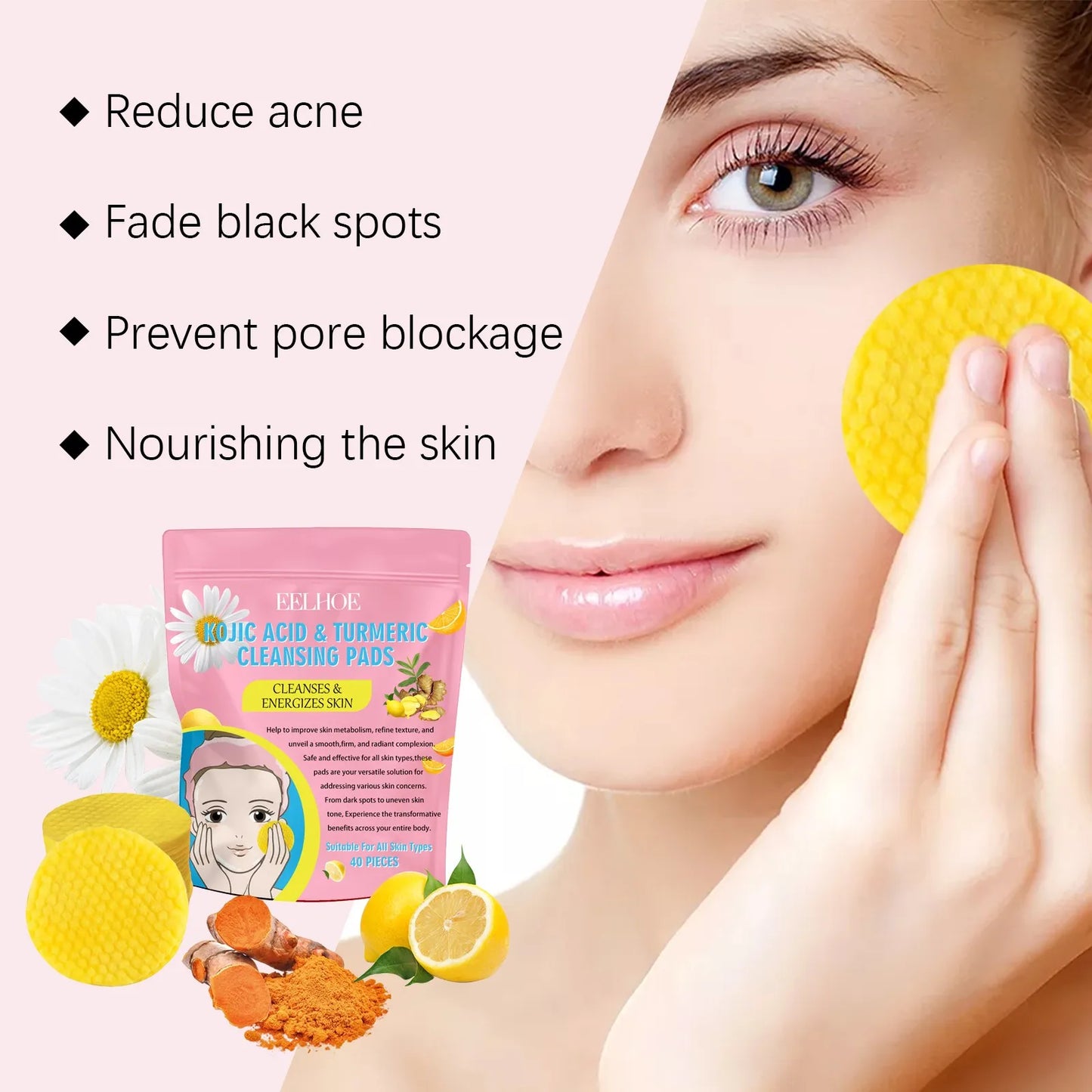 40pcs Turmeric Kojic Acid Cleansing Pads Exfoliating Pads Facial Sponges For Cleansing Exfoliating Daily Cleaning Skin Care