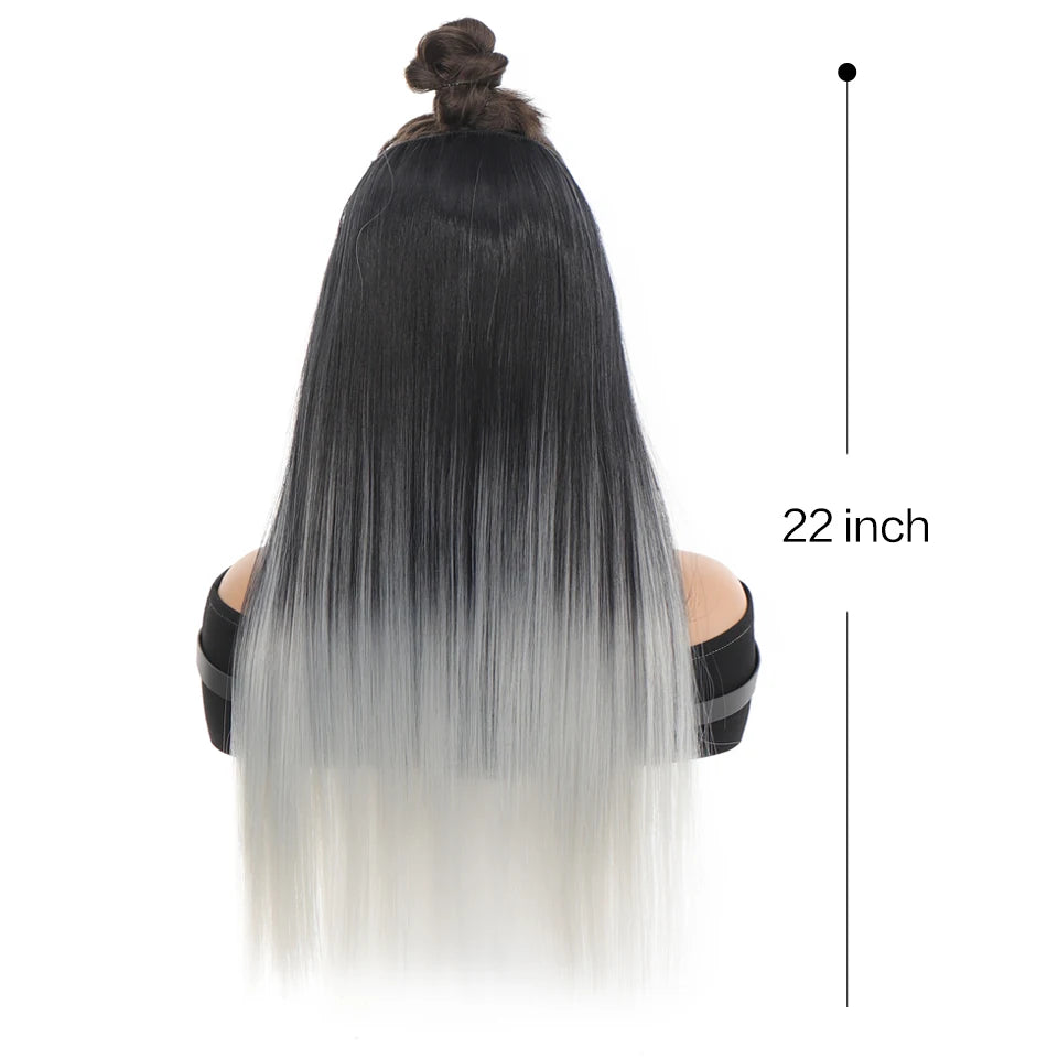 Synthetic non-clip invisible steel wire hair extension straight hair black gradient gray integrated fake wig hair extension