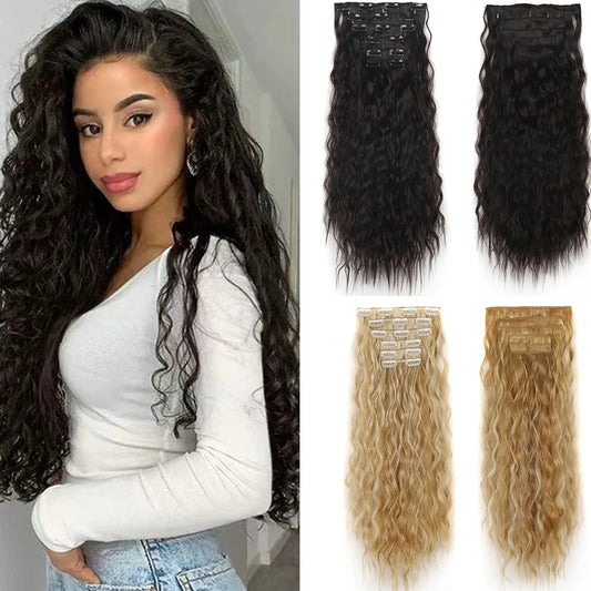 16Clips Clip In Hair Extension Long Wavy Synthetic Wigs For Women 6Pcs/Set 20Inch Corn Curly Fake Hairpiece Heat Resistant Fiber