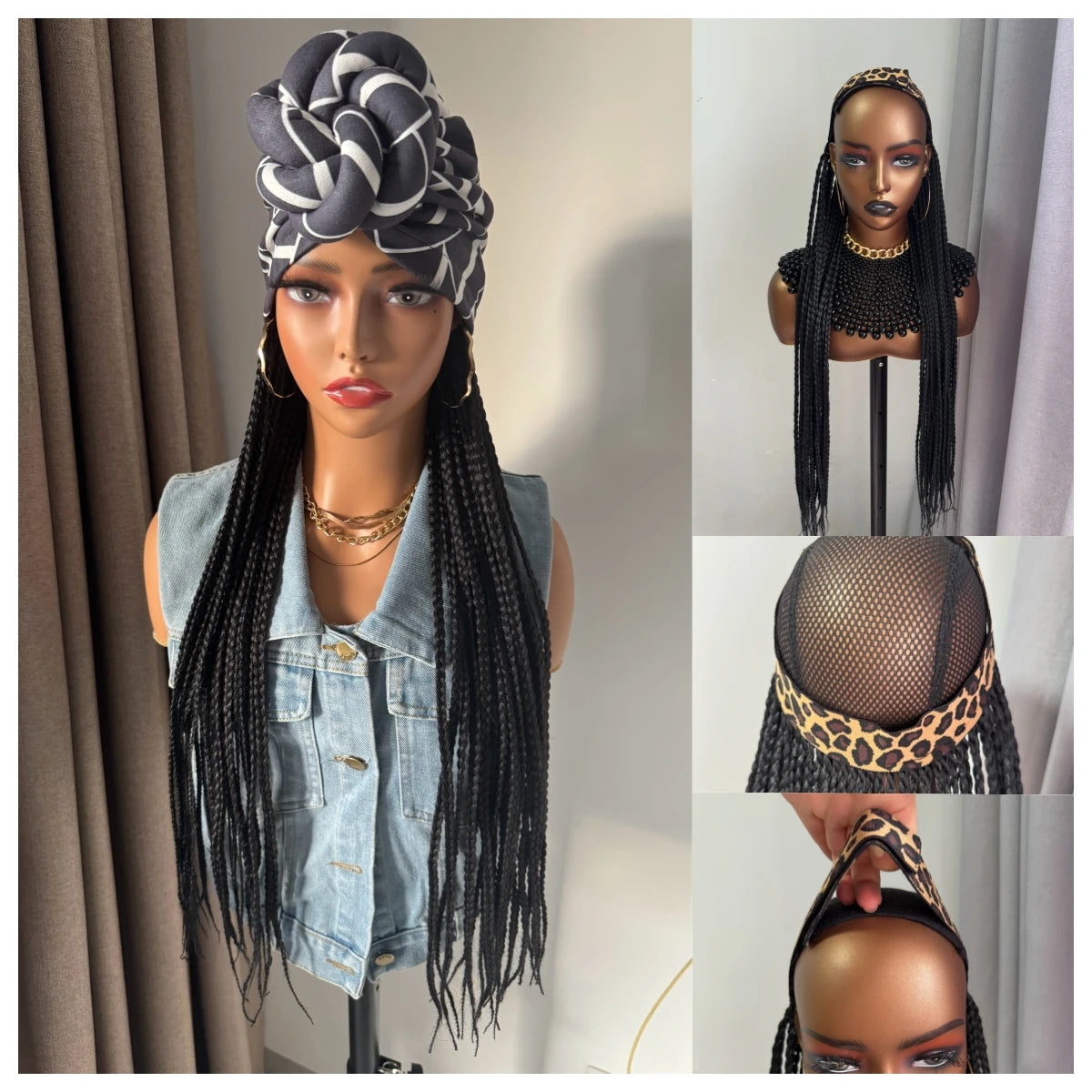 Long Black  Synthetic Box Braided With Elastic Bands Headband Wig  And Headband Split Set Turban Braiding Hair Extensions Wigs