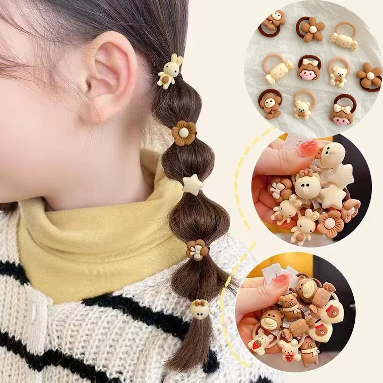 10Pcs/Set Girls Cute Flowers Little Bear Rubber Bands Elastic Hair Bands Kids Ponytail Holder Scrunchie Fashion Hair Accessories