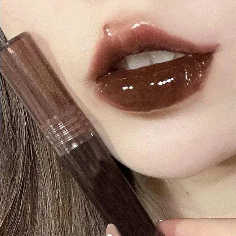 7 Colors Pink Mirror Water Lip Gloss Dark Brown Lip Oil Waterproof Non-stick Cup Liquid Lipstick Nude Brown Clear Tint Makeup