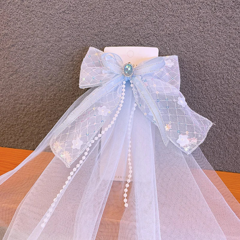 Girl Princess Crown Headband Korea Yarn Veil Bow Jeweled Pearl Headpiece Children Party Hair Clips Wedding Jewelry Accessiories