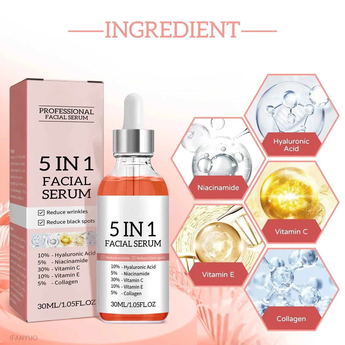 5 In 1 Fade fine lines Firming Face Serum Vitamin C Moisturizing Brightning Hyaluronic Acid Facial Serum Shrink Pores Skin Care