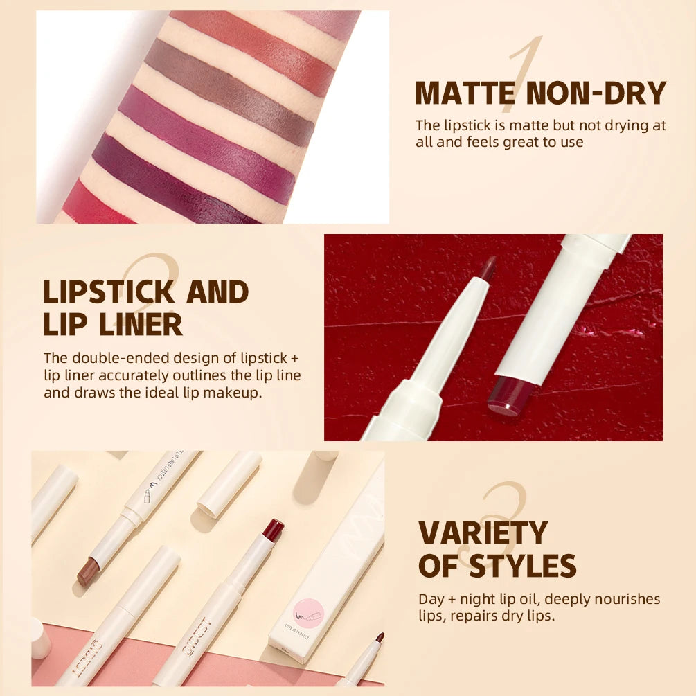 2 IN 1 Lip Liner Waterproof Matte Lipstick Pencil Makeup Set Contour Tint Sexy Red Long Lasting Moisturizer Lipliner Cosmetics