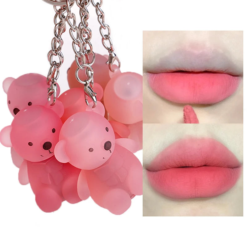 12 Colors Cute Bear Keychain Lip Mud Sexy Red Pink Matte Velvet Liquid Lipstick Waterproof Long Lasting Lips Makeup Cosmetic