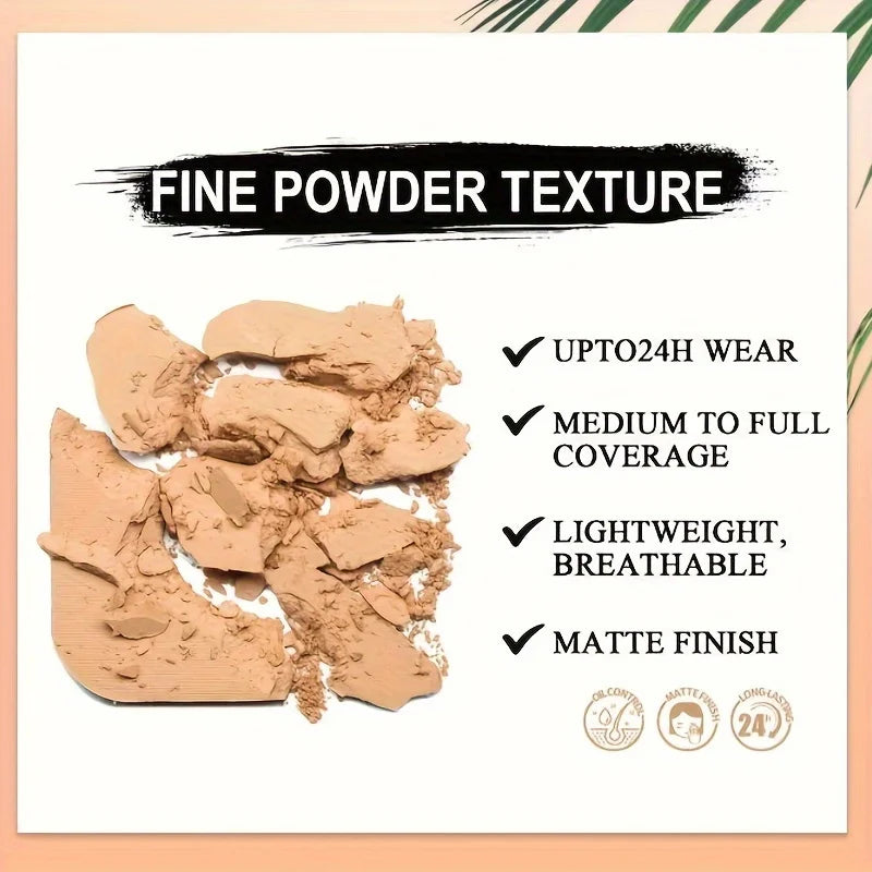 3-color matte full-coverage powder, 24-hour long-lasting matte lightweight setting concealer foundation, oil-controlling foundat