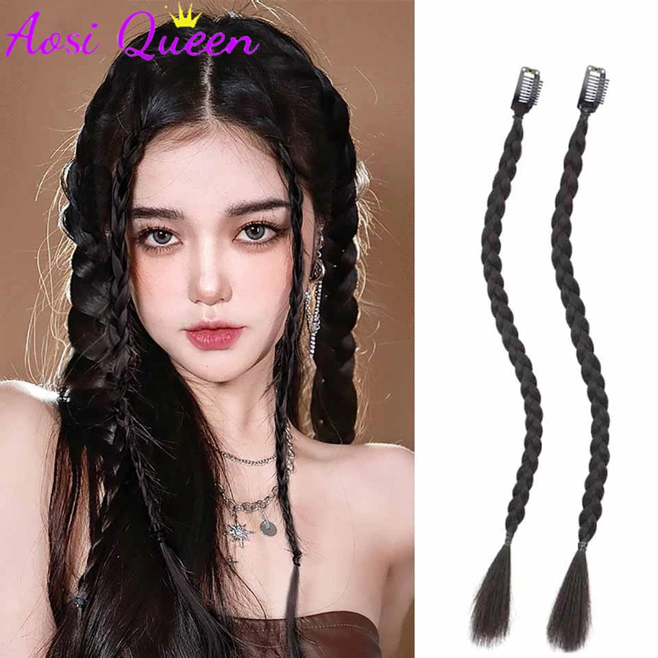 AOSI One-card Hairpin Style Braided Hair Extensions Synthetic 19-inch Highlighted Braided Double Ponytail Wig