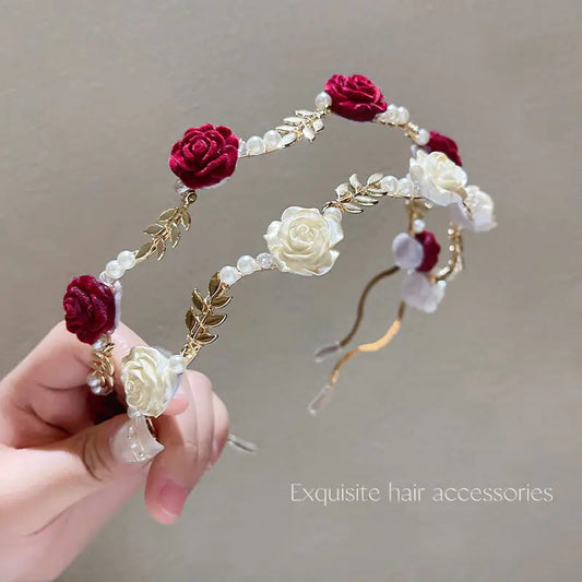 Rose Pearl Hair Band French Retro High-end Hair Clip Headwear With Niche Design Pressed Hair High Skull Top Hair Accessory