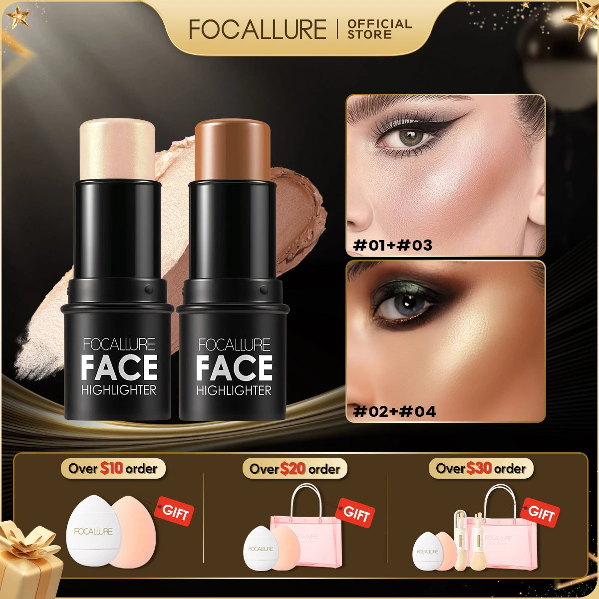 FOCALLURE Waterproof Shimmer Face Bronzer Highlighters Glitter Corrector Contour Illuminator Stick Creamy Blush Makeup Cosmetics