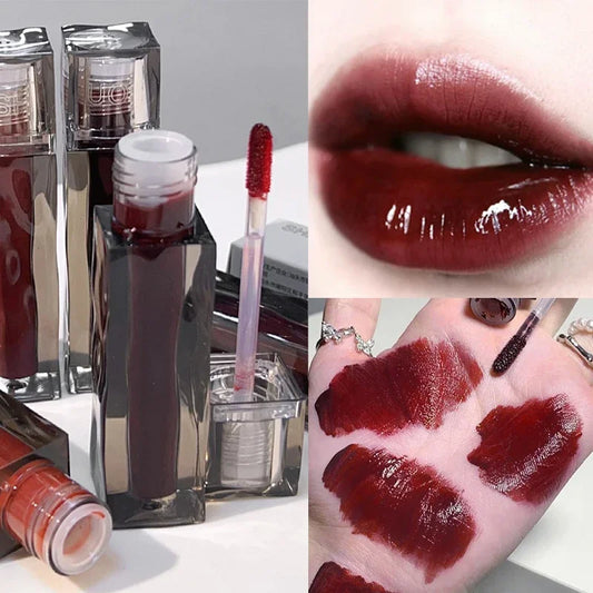 Dark Red Brown Mirror Glass Lip Glaze Moisturizing Sexy Red Liquid Lipstick Long Lasting Non-stick Cup Lip Gloss Korean Cosmetic