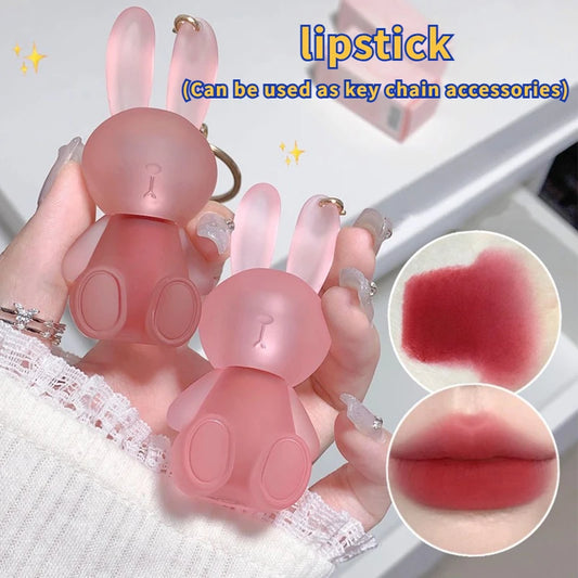 Cute Rabbit Matte Velvet Lip Glaze Summer Lovely Bunny Keychain Lip Mud Matte Texture Lipstick Pink Red Lip Gloss Tint Cosmetic