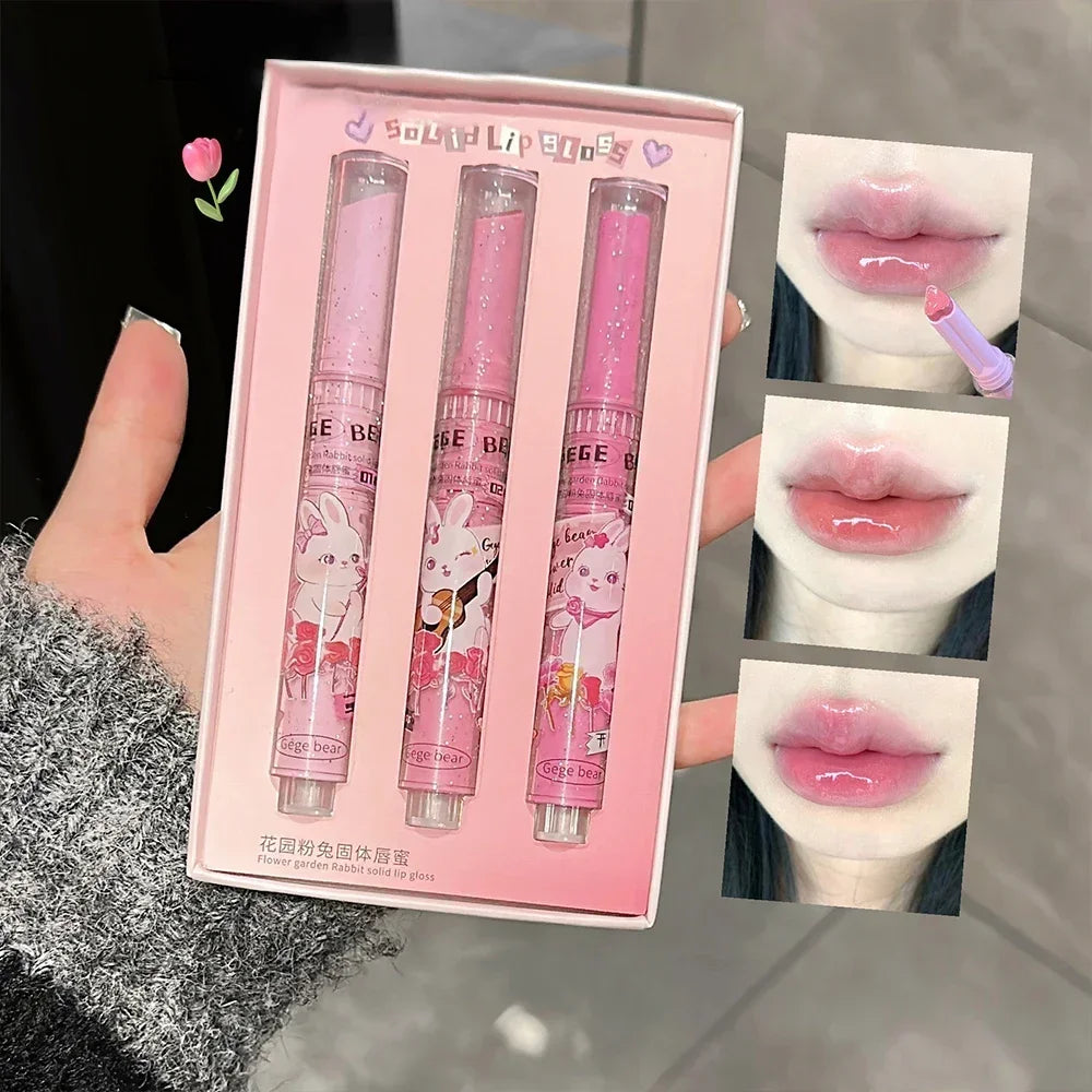 3PCS/set Waterproof Jelly Lipstick Mirror Water Heart-shaped Lip Gloss Moisturising Lipstick Pen Non-stick Cup Korean Cosmetics