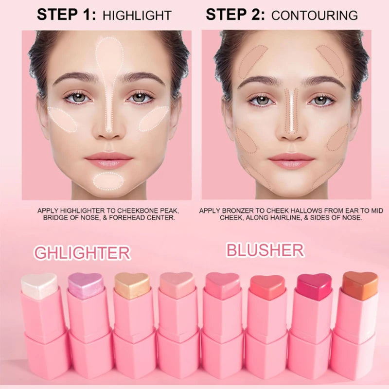 3-in-1 Love Blush Highlighting Stick Pearl Fine Flash Facial Brightening Blush Moisturizing Lasting Natural Eye Shadow Makeup