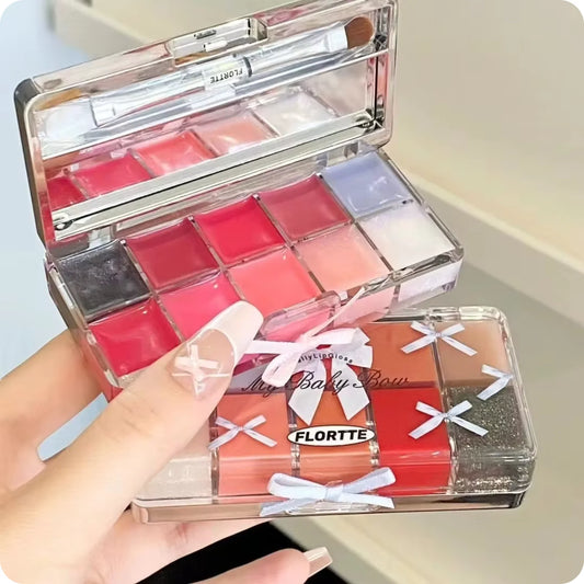 FLORTTE Brand Real 10-Color Lip Palette Lip Gloss and Lipstick Glossy Moisturizing Pigmented Multifunctional Original Cosmetics