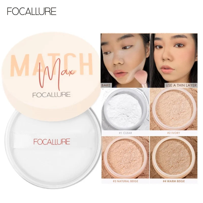 FOCALLURE 4 Colors Minerals Face Loose Powder Waterproof Matte Setting Finish Makeup Oil-control Bake Women Cosmetics