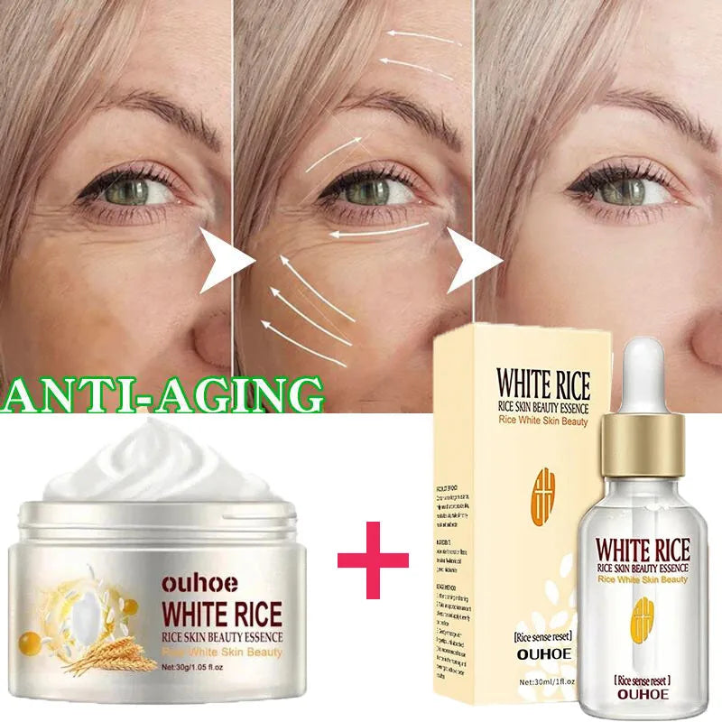 White Rice Whitening Face Serum Cream Anti-Wrinkle Fade Fine Line Remove Dark Spots Melanin Anti-aging Brighten Repair Skin Care