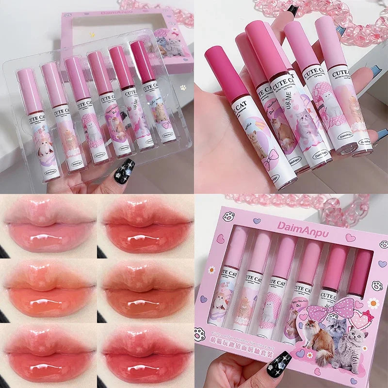 6Pcs/set Cute Cat Mirror Water Lip Gloss Set Red Tint for Lips Makeup Long Lasting Glass Lip Glaze Waterproof Lipstick Kit