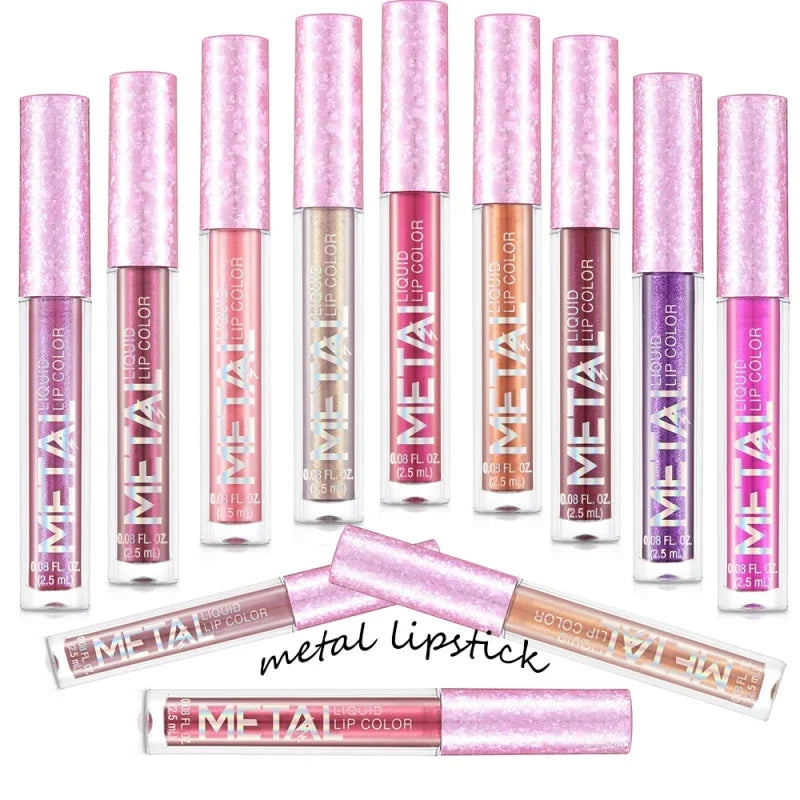 Glitter Metallic Liquid Lipstick Waterproof Shiny Shimmer Metal Lip Gloss Tint Non-Stick Cup Lipgloss Long Lasting Makeup Beauty