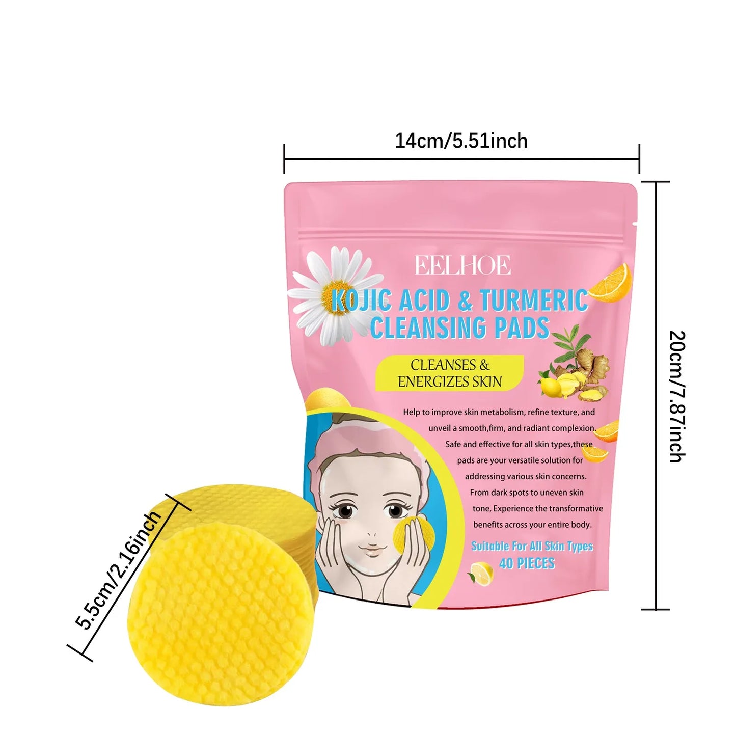 40pcs Turmeric Kojic Acid Cleansing Pads Exfoliating Pads Facial Sponges For Cleansing Exfoliating Daily Cleaning Skin Care