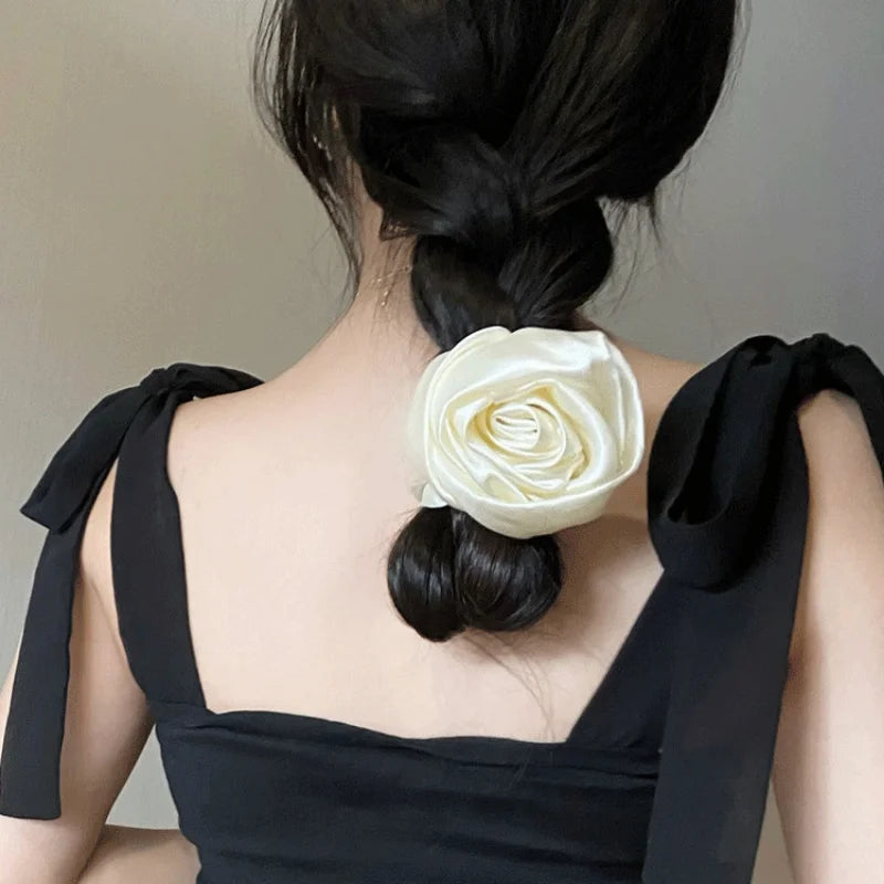 Elegant Silk Rose Flower Elastic Hair Bands for Women Girls Solid Color Scrunchies Hair Ties Ponytail Holder Hair Accessories